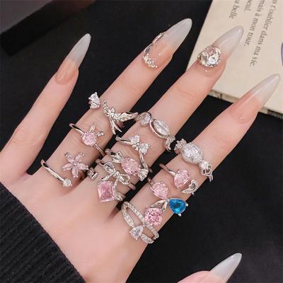 Color Diamond Open Ring Bow Flower Niche Design Elegant Light Luxury Cute Pink Zircon Personality Ring Woman