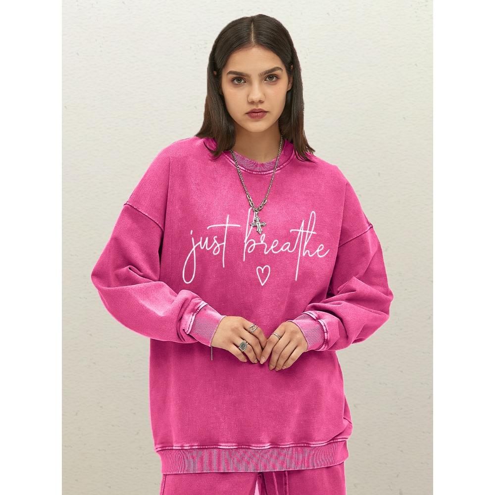 Just Breathe Love Art Letter Print Women Washed Sportswear Cotton O-Neck Pullover Autumn Casual Sweatshirt Woman Clothes
