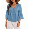 Women Casual V Neck Button Down Three Quarter Sleeve Loose Fit Top Lightweight Solid Blouse for Daily Office Wear