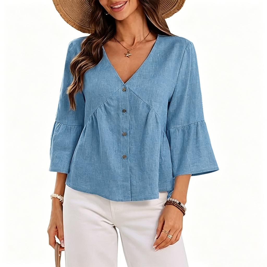 Women Casual V Neck Button Down Three Quarter Sleeve Loose Fit Top Lightweight Solid Blouse for Daily Office Wear