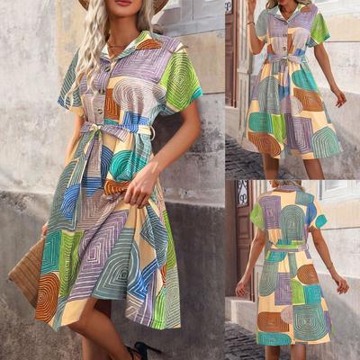 Damen Sommer Buntes Geometrisches Muster Langes Kleid Modetrend V-Ausschnitt Träger Enger Taillen Schnitt Kleid