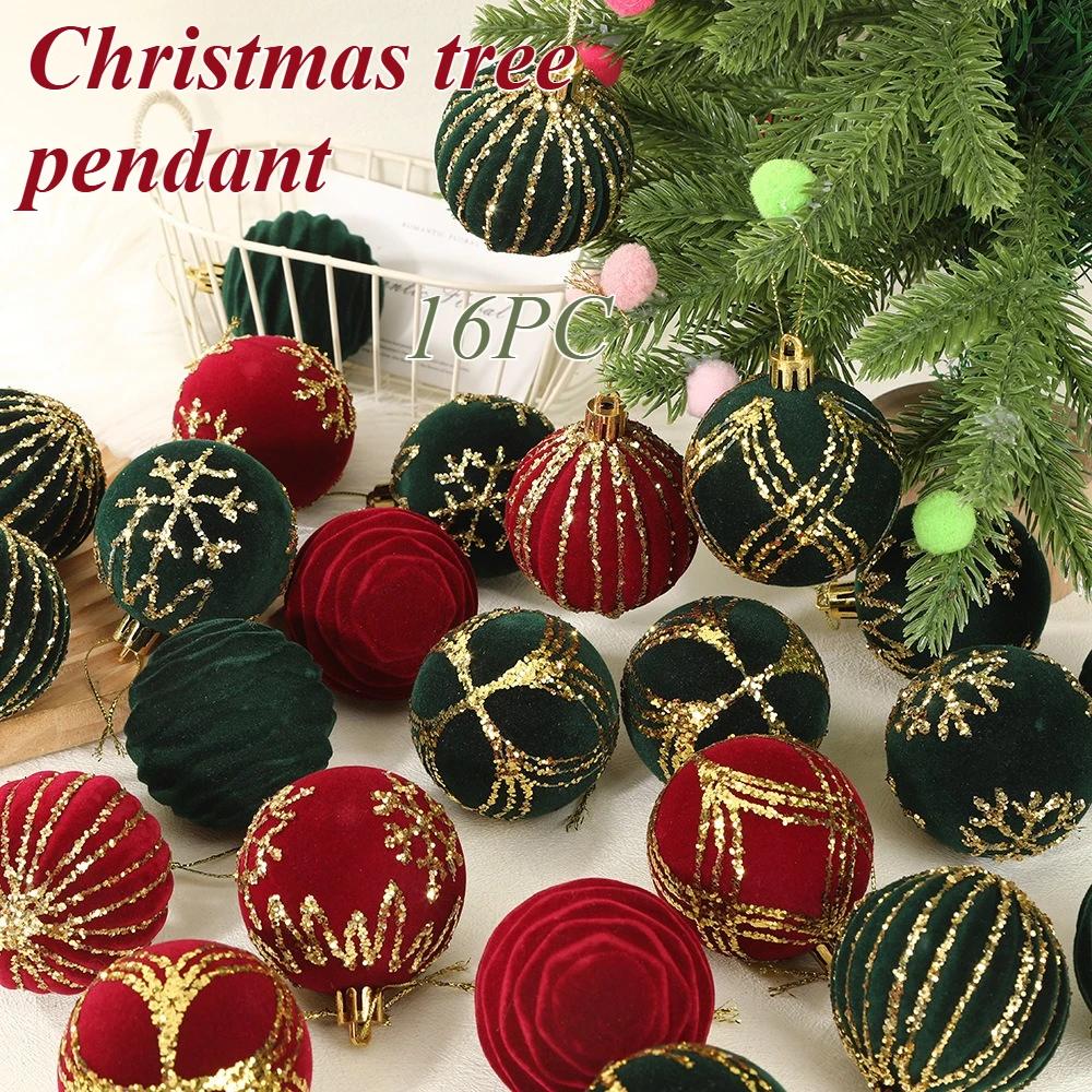 16PC 6CM Christmas Ball Red Green Velvet Flocking Christmas Ball DIY Pendant Decoration Home Christmas Party Decoration