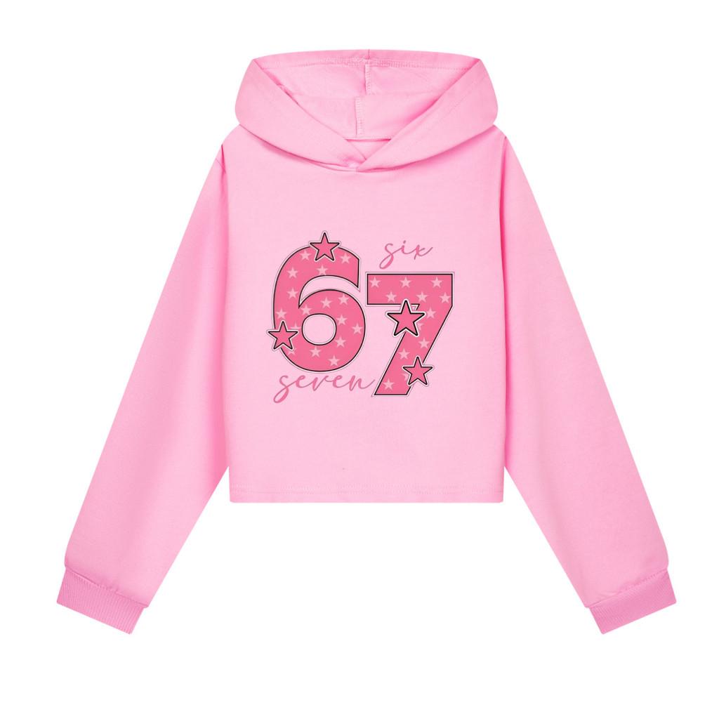 5291 Barnflickor Steal a Brainrot 67 Mönstrade Casual Långärmade Korta Hoodies
