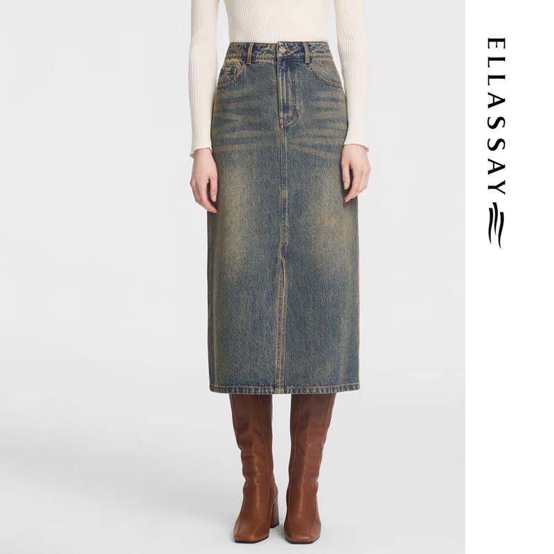 ELLASSAY Distressed Vintage Denim Midi Skirt
