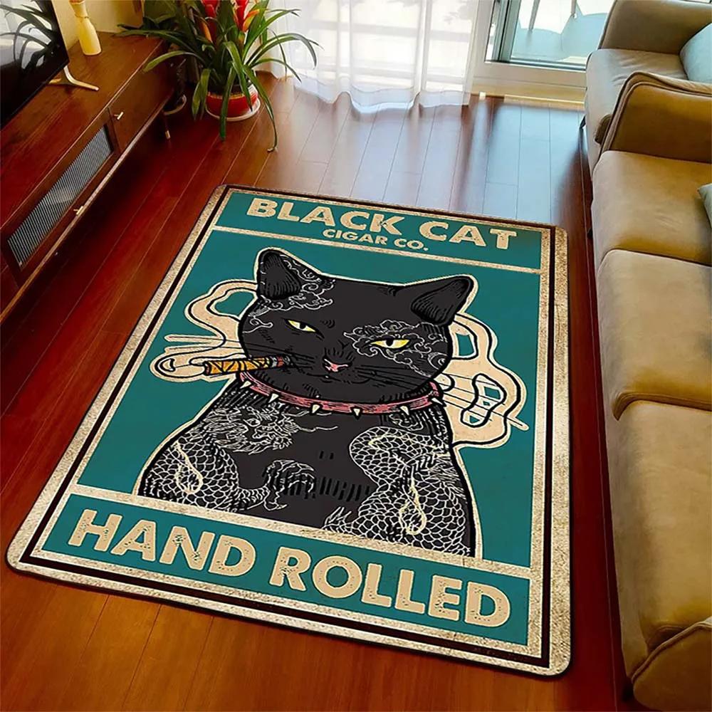 Schwarze Katze Retro Bereichsteppich Teppich Wohnzimmer Heimdeko Sofa Teppich Rutschfest Stuhlkissen Lounge Matte Halloween Hexen Dekoration
