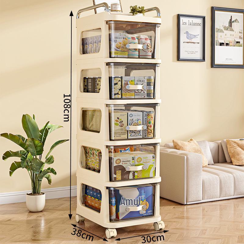Multi-layer Transparent Drawer Storage Cabinet & Movable Trolley Shelf for Living Room