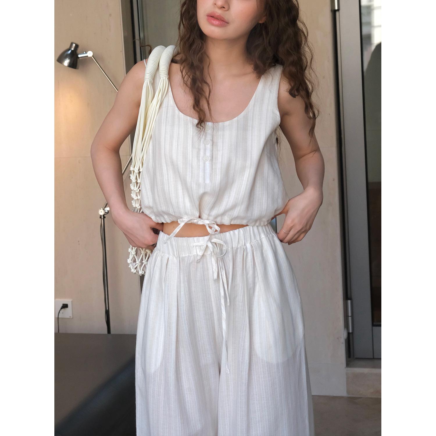 

Johnature Летние Корейская Версия Курортные Полосатые Майки Повседневные Простые Завязки на Шнурке Короткие Повседневные Топы Женские M белый