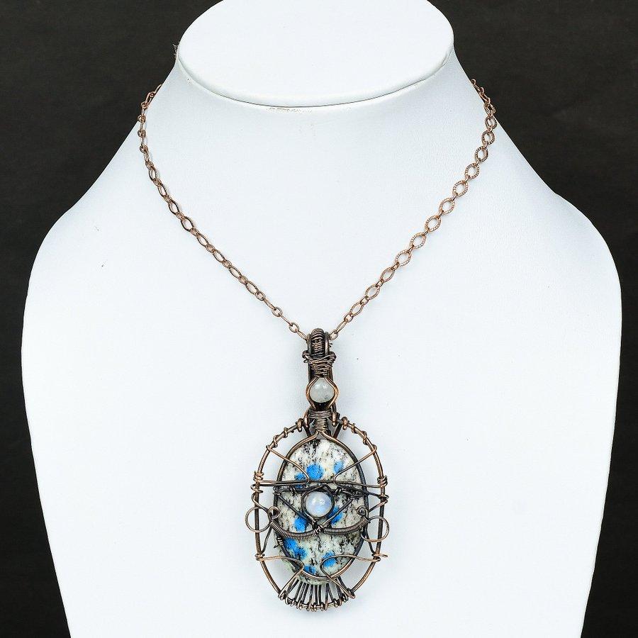 K2 Azurite, Moonstone Gemstone Copper Wire Wrap Jewelry Pendant 3.55"
