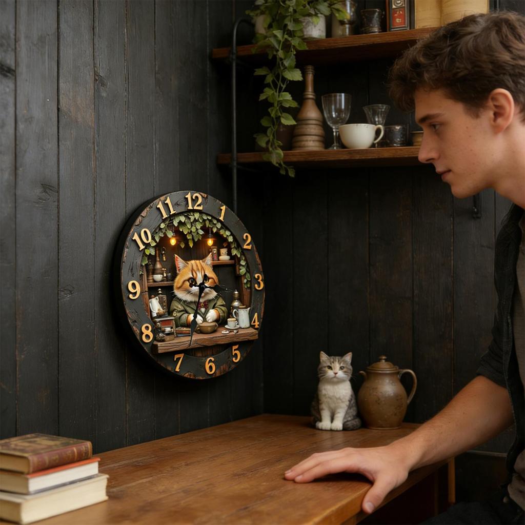 Wall Clock Cat Theme Wooden 11.81 Inch Cute Animal Decoration For Living Room Bedroom Farmhouse Home Office Decor Silent Clock