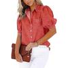 Damen V-Ausschnitt Kurzarm Jeanshemd Lässig Einreiher Knopfleiste Tasche Bluse