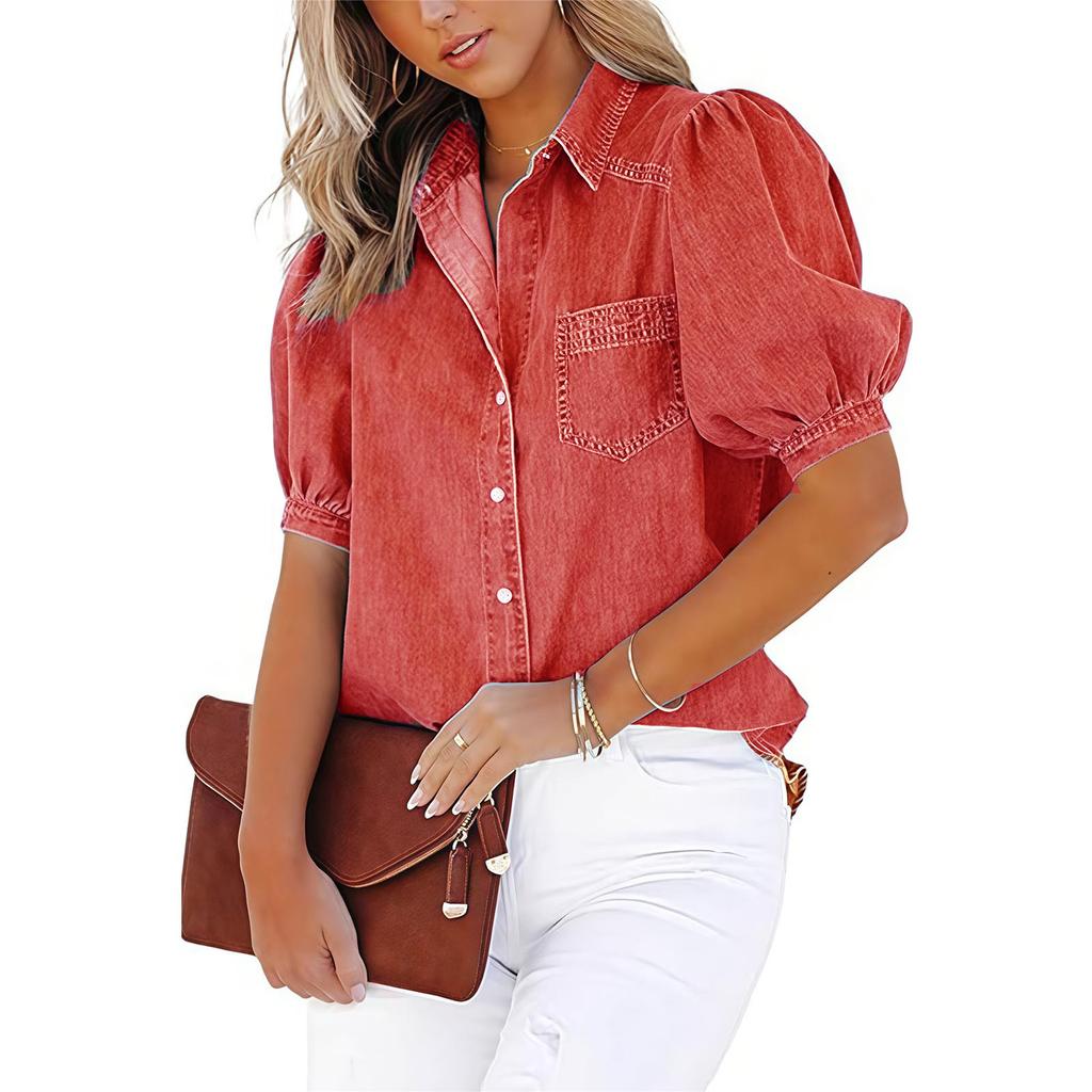 Damen V-Ausschnitt Kurzarm Jeanshemd Lässig Einreiher Knopfleiste Tasche Bluse