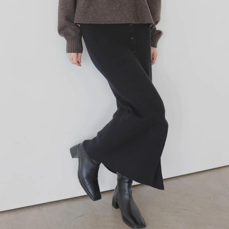 2025 Korean Style Spring Autumn Women Midi Skirt High Waist Black Gray Knitting Skirt Feminine Buttons Split Knitted Skirts Womens