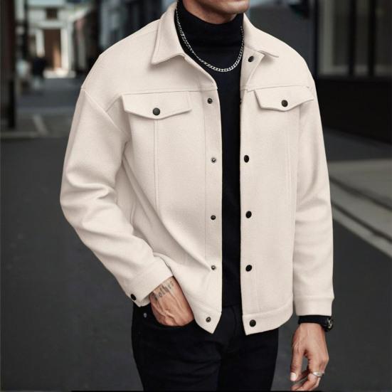 Men Jacket Woolen Lapel Design Long Sleeve Solid Color Coat with Flap Pockets Design