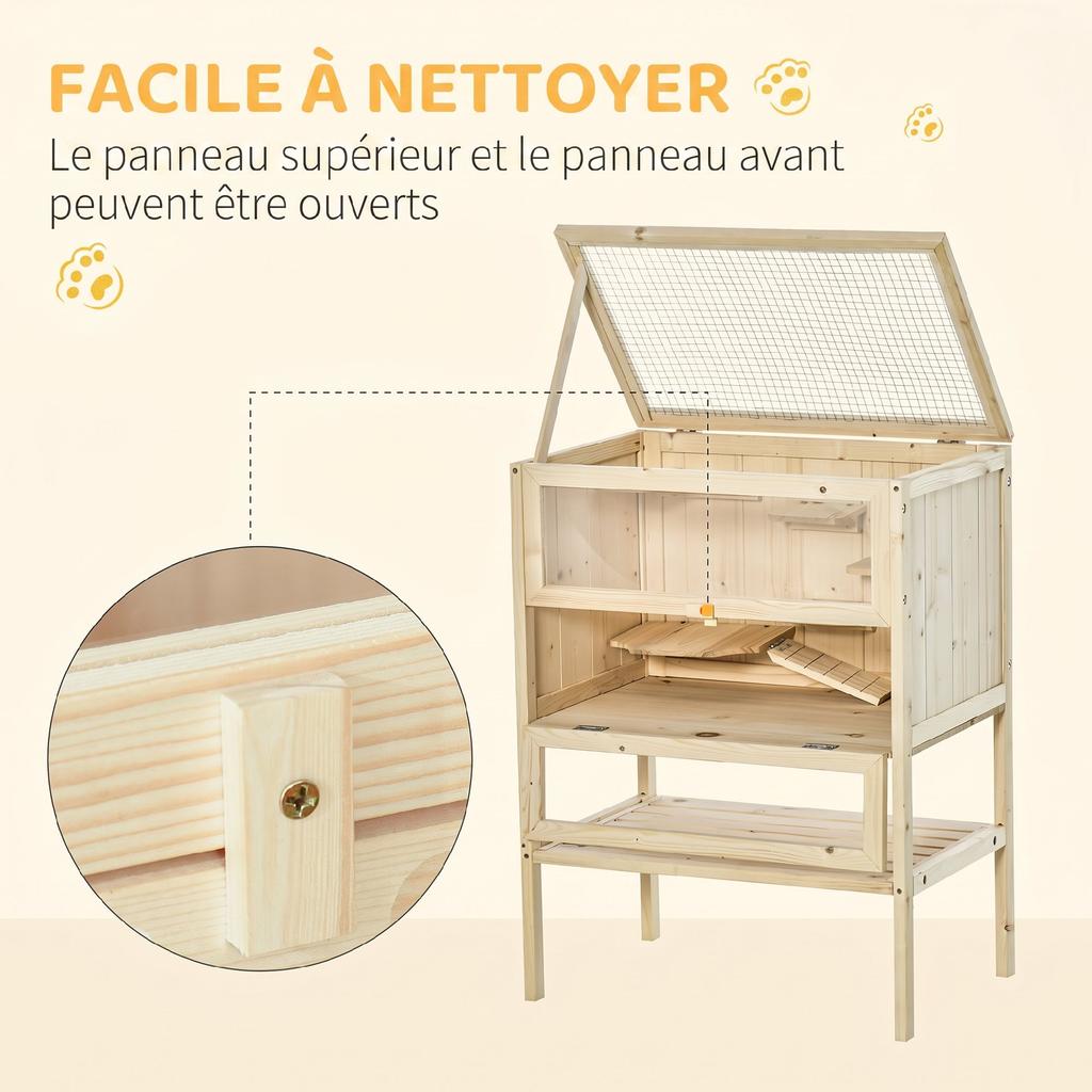 Wooden Hamster Cage, 3-Level, Platforms, Ladders, Window, Opening Roof, 60 x 40 x 80 cm, Natural
