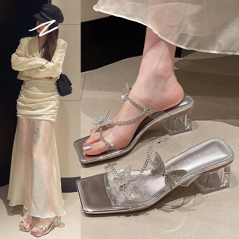 

Fashion 2025 Summer Women s Transparent Strap Square Toe Sandals Bow & Chain Decor Chunky Crystal Heel Summer Casual Party Shoes 35 серебряный