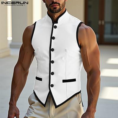 Men Stand Neck Sleeveless Stitching Slim Waist Thin Waistcoat Tops