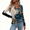 Women's Relaxed,Fit V,Neck Vintage Color,Blocked Floral Print Long,Sleeve Pullover Tee