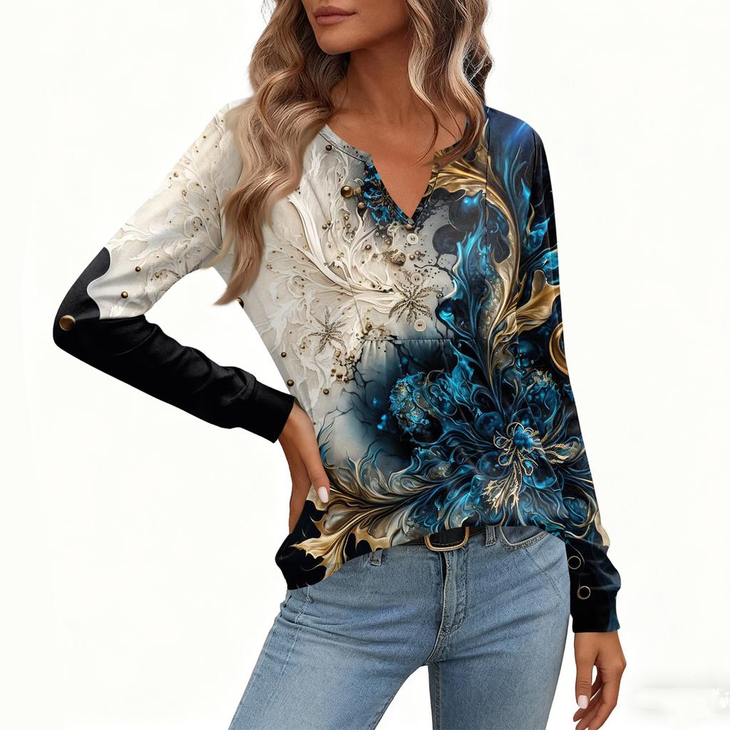 Women's Relaxed,Fit V,Neck Vintage Color,Blocked Floral Print Long,Sleeve Pullover Tee