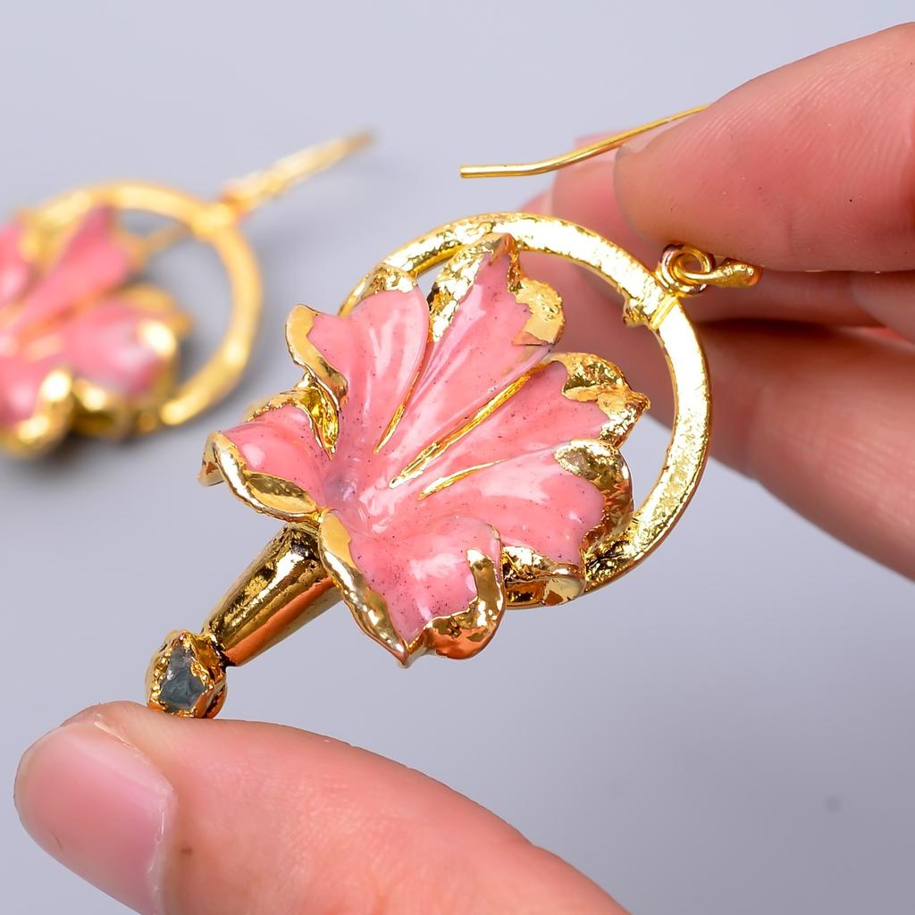 Natural Opal Gold Finish Dangle Sisters Gift Electroformed New Earrings Jewelry V-73