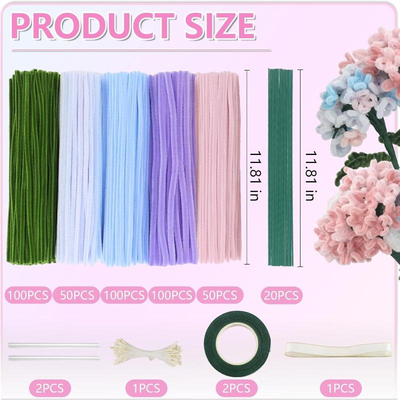 400 Pcs Pipe Cleaners Craft,5 Assorted Colors Pipe Cleaners Bulk, Chenille Stems for DIY Flower Making Kit with Floral Wires, Gardening Tape,Stamen
