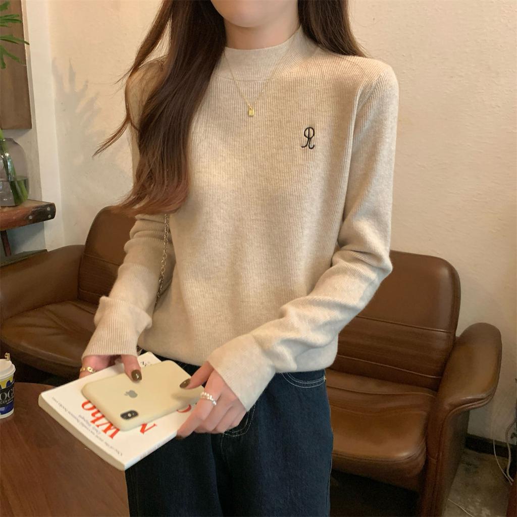 Autumn and Winter New Embroidery Versatile Semi-high Collar Soft Waxy Inner Andy Velvet Knitwear Base Sweater Girl