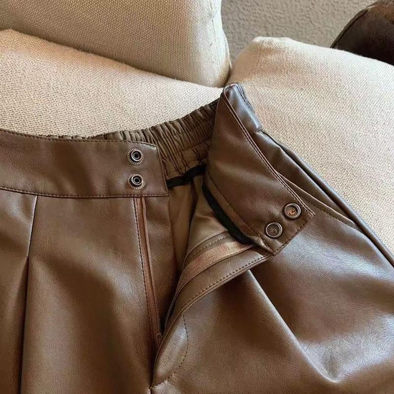 Women Chic Fashion Side Pockets Black Faux Leather Shorts Vintage High Waist Zipper Fly Female Short Pants