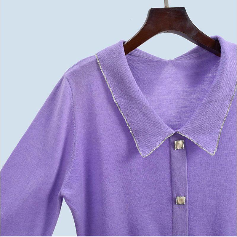 Doll Collar Short Spring and Autumn Elegant Knitting Long Sleeves Loose Fashion Inner Match Drill Buckle Pullover Tops Female Soft Glutinous