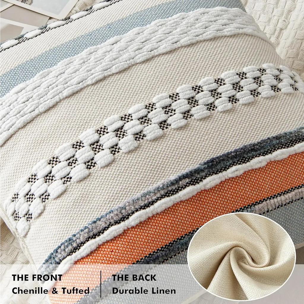 Boho Throw Pillow Cover 18x18 Decor Cushion Cases Multicolor Striped Chenille Pillow Cover Accent Pillowcase for Sofa Couch Bed
