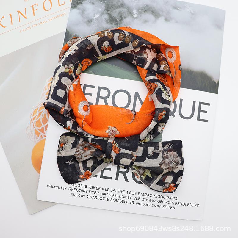 South Korea's new color-matching silk silk scarf binding bag, summer printing thin and narrow long silk scarf streamer headband