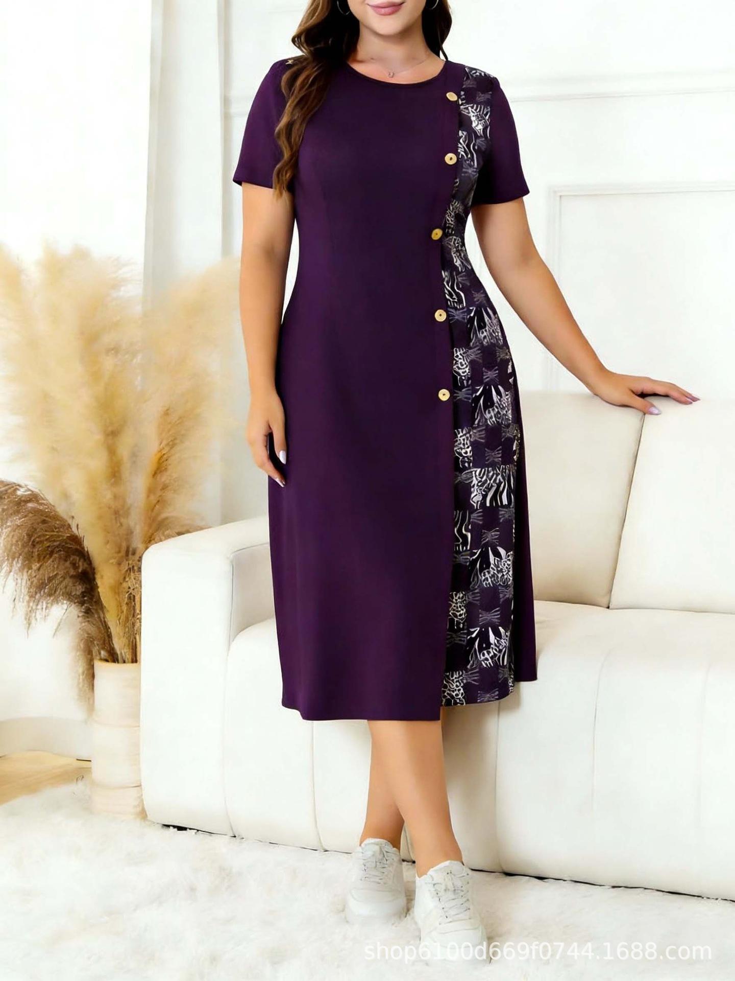 

Plus Size Women s Patchwork Print Dress - Short Sleeve with Wood Button Detail for Spring/Summer 1XL армія зелений колір