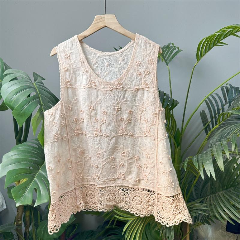 Embroidery, Embroidery, Cotton Embroidered Vest Top Women's Crew Neck Pullover Hollow Knitted Lace Sleeveless Bottom Solid Color T-Shirt