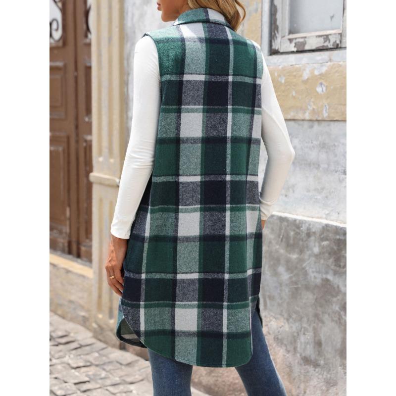 VEZFAA Women's Fashion Casual Plaid Print Autumn Winter Sleeveless POLO Neck Jackets & Coats