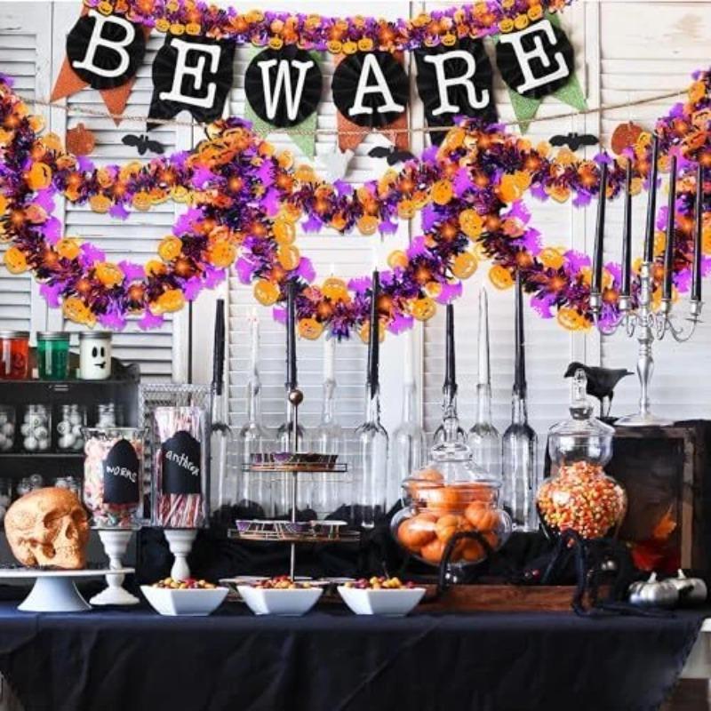 2m Halloween Tinsel Garland with Pumpkin Spider Bat Designs Shiny Metallic Twist for Home Tree Indoor Outdoor Party Decorations