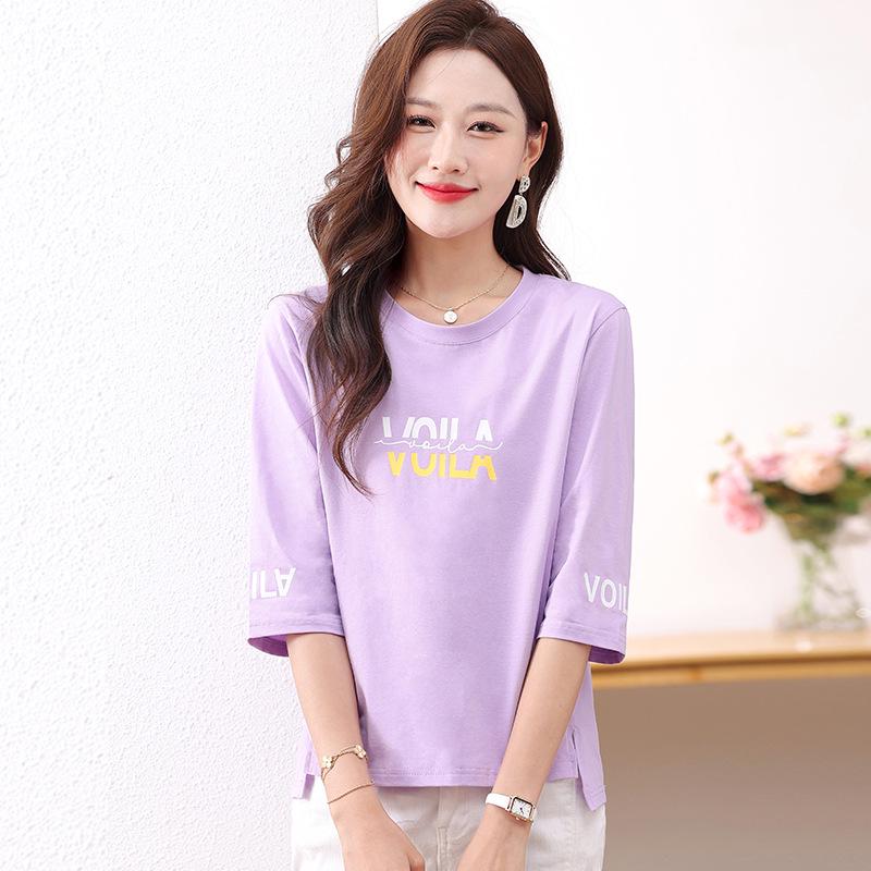 Dam sommar lös ren bomull trekvartsärmad t-shirt - Snygg, bekväm, mode för medelålders