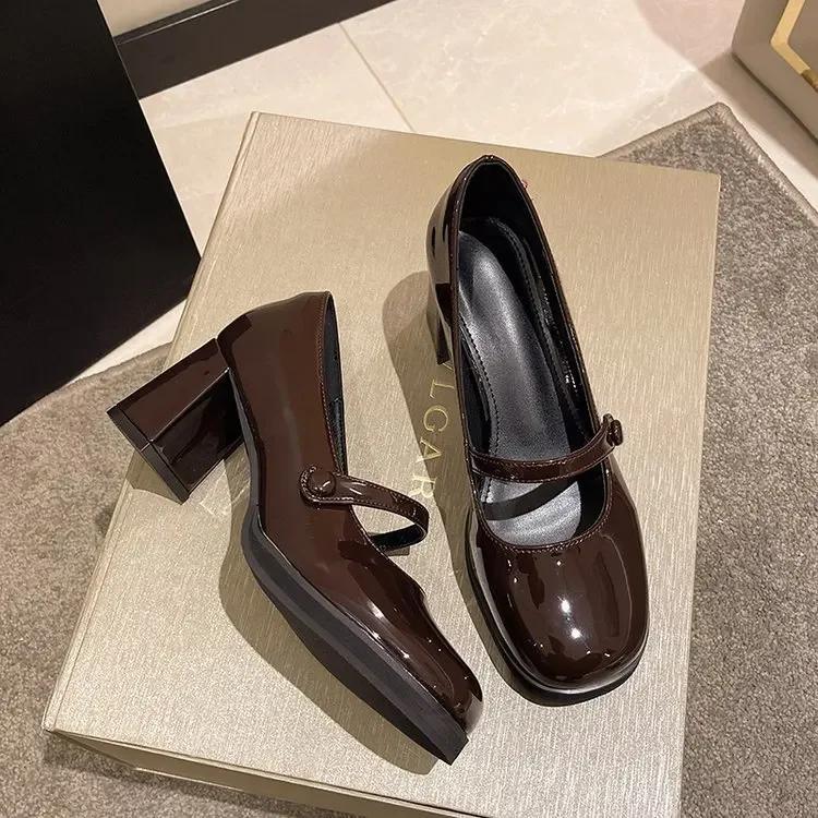 Summer New Patent Leather Brown Shoes Vintage Thick High Heels Shoes Women Woman Square Toe Chunky Heels 2025 Black
