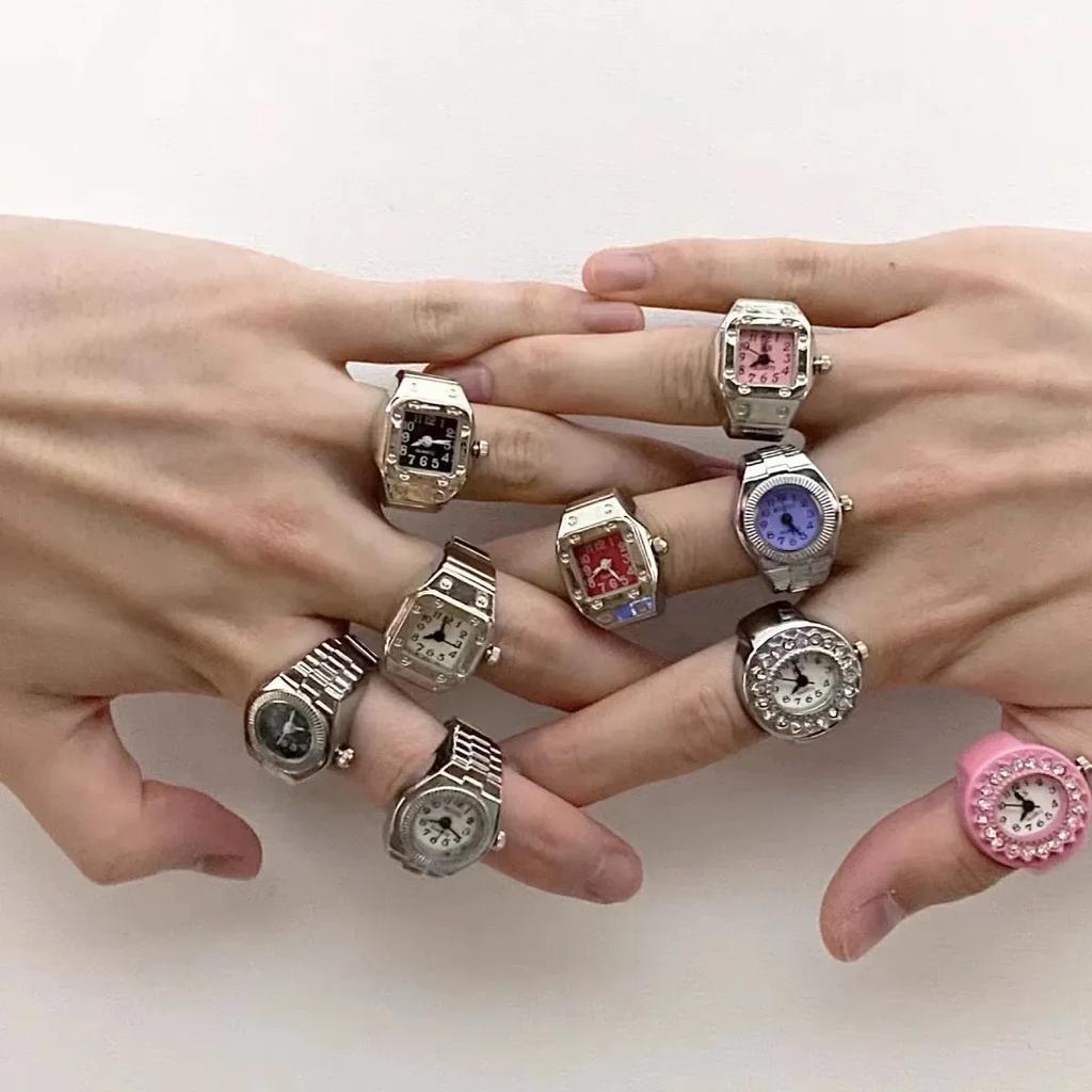 Paar Fingeruhr Ring Vintage Punk Elastisches Legierungsband Herren Damen Schmuck Uhr Römische Ziffern Zifferblatt 28 Stile Mini Quarzuhren