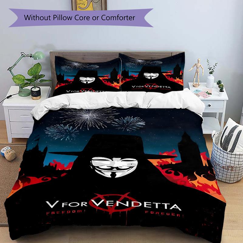 3pcs V for Vendetta Bedding Set, Soft Polyester Duvet Cover and Pillowcases Machine Washable Seasons all suitable & Guest Room Decor220