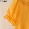 VONDA Elegant Women Blouse Casual Puff Sleeve V Neck Crochet Hem Ruffled Tops