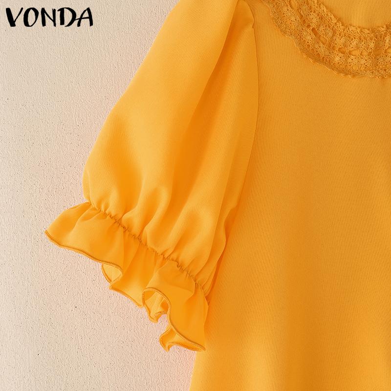 VONDA Elegant Women Blouse Casual Puff Sleeve V Neck Crochet Hem Ruffled Tops