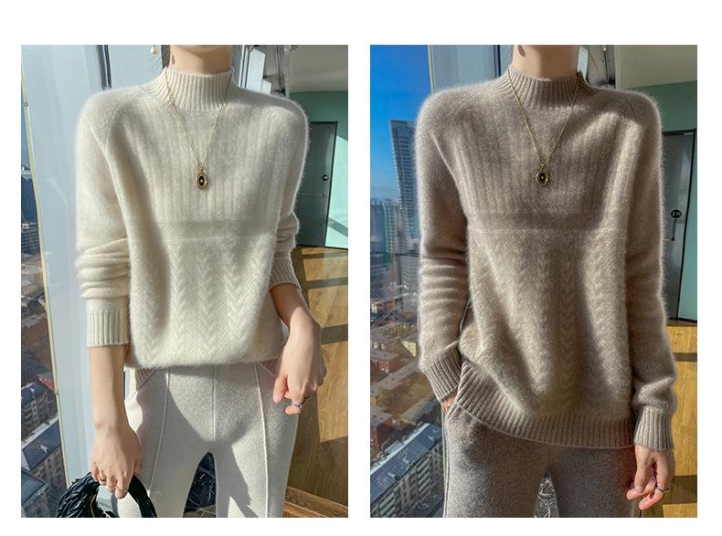 Women's Korean Style Wool Cable Knit Sweater - Thick Half-High Neck Base Layer for Autumn/Winter 2025