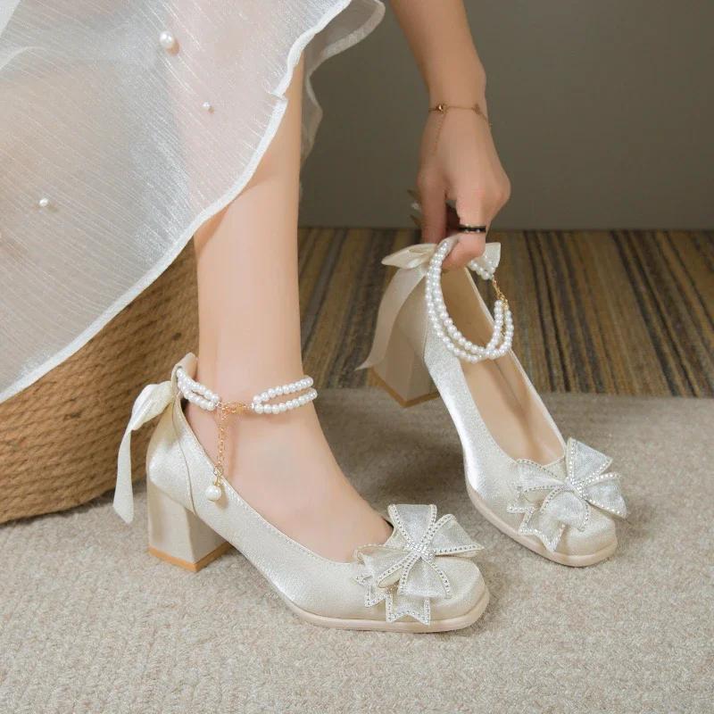 Elegant Pearls Ankle Strap Pumps Women Spring 2025 Square Toe Crystal Buckle Mary Janes Woman High Heels Party Wedding Shoes 40
