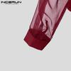 INCERUN T-shirt da Uomo Scollo a V Profondo Manica Lunga Patchwork Rete Trasparente Bottoni Vita Stretta per Feste
