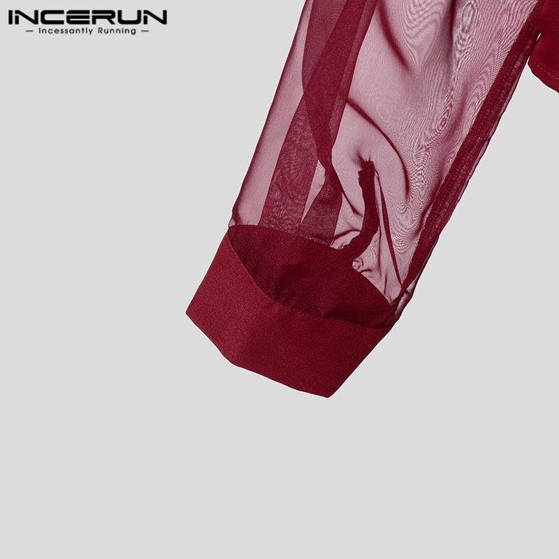 INCERUN Men Deep V Neck Long Sleeve Patchwork Mesh Sheer Buttons Slim Waist Party T-shirts