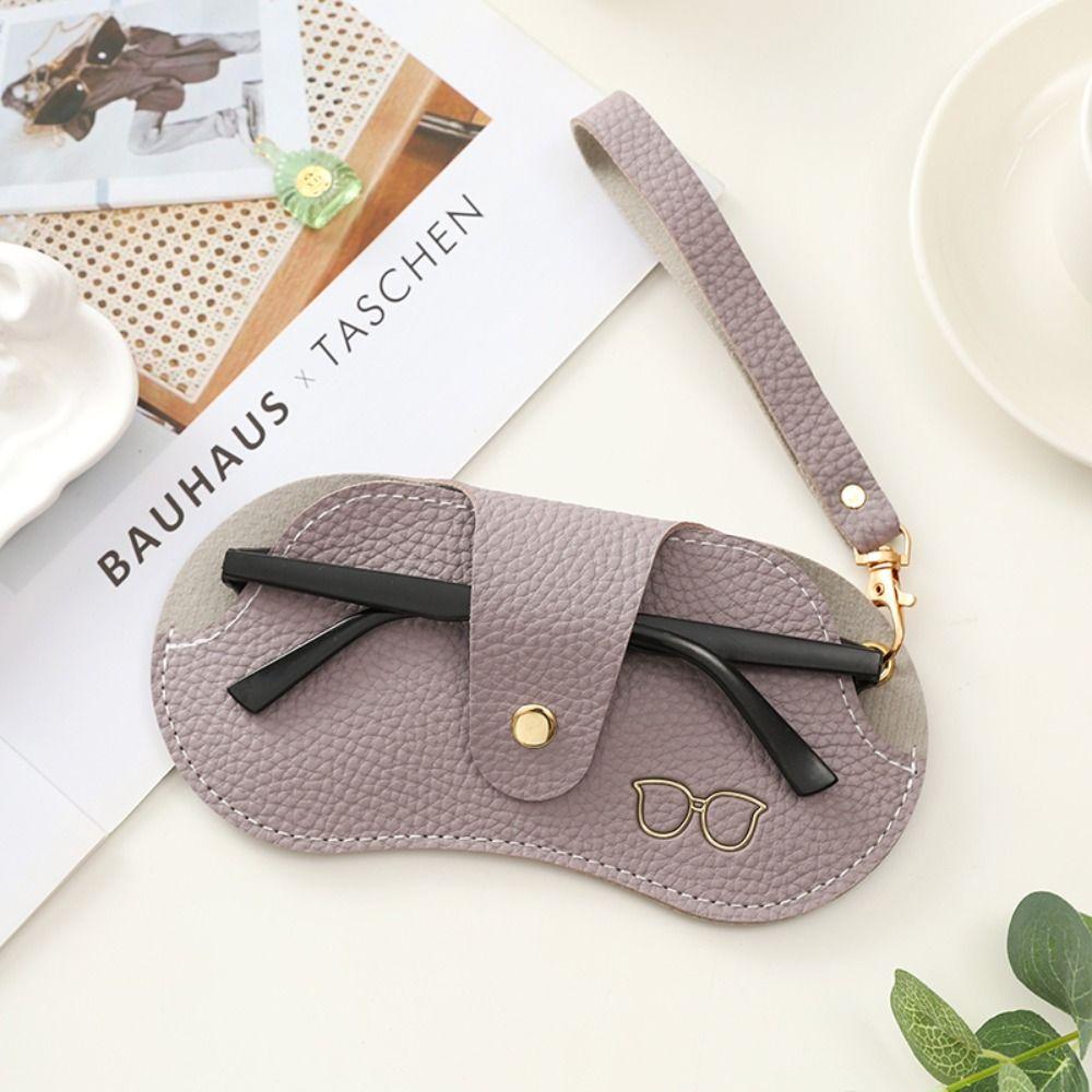 Soft Leather Glasses Bag Lychee Pattern Button Clip Sunglasses Case Portable with Wrist Strap Eyewear Storage Pouch