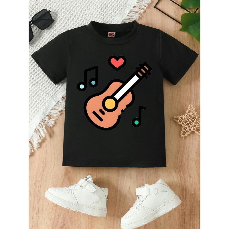 European sizes Adorable T-Shirt Featuring a Cartoon Guitar Design, with a Round Neck And Short Sleeves