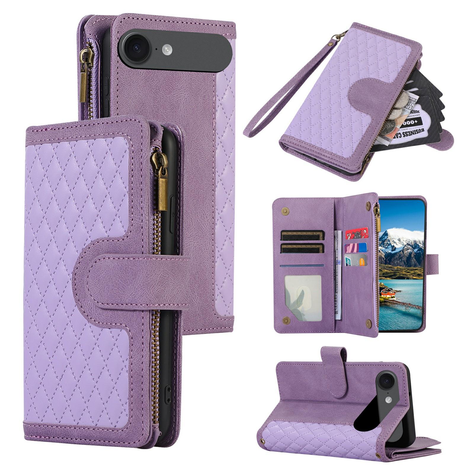 

For iPhone 17 Air Case 9 Card Slots Rhombus Design Leather Phone Cover with Wrist Strap Purple