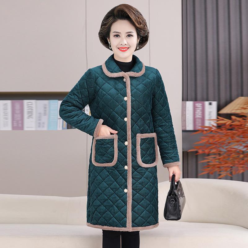 Cozy Plaid Fleece-Lined Jacket for Elderly Women - Mid-Length Winter Coat for Grandmothers