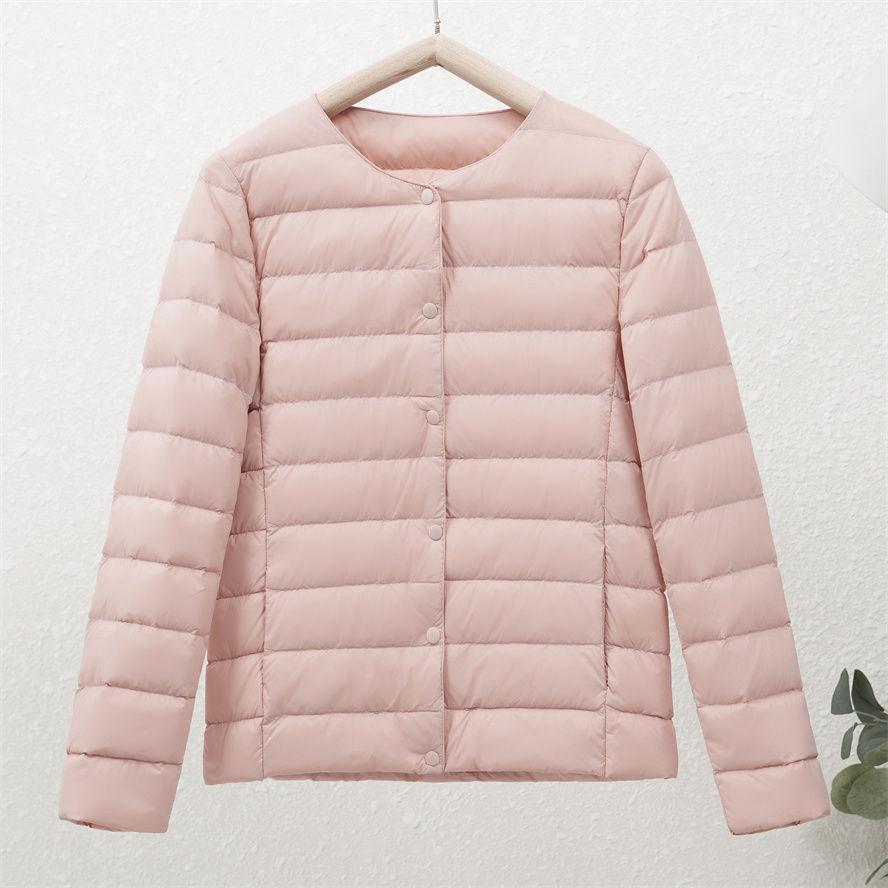 Women's 90% White Duck Down Lightweight Short Jacket - Round Neck, Solid Color, Warm and Collarless for Autumn/Winter