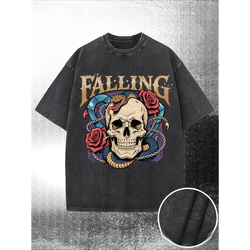

European Size Washed, Skull And Red Roses Graphic, High-Quality Batik, Slightly Oversized Fit, Crew Neck, Perfect for Casual Wear And Unique Style S чёрный