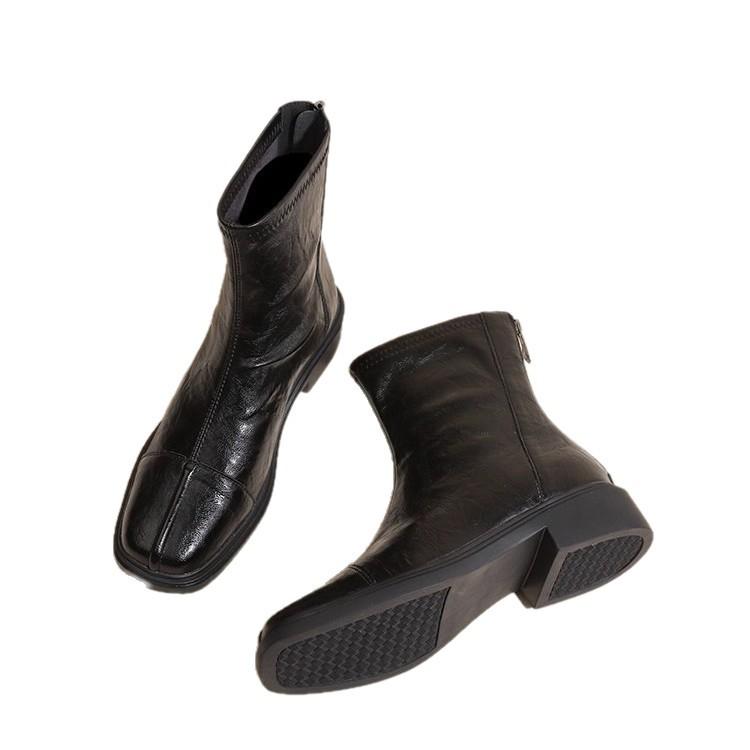 Washed Cowhide~ British Folded Chelsea Boots Brown Fleece Martin Boots Women's Early Autumn Short Boots Skinny Boots